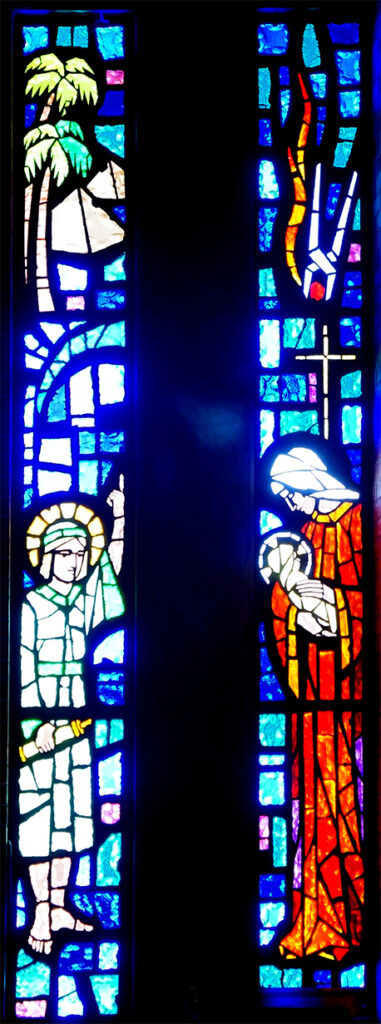 Left: II CHRIST IN THE TEMPLE WINDOW; Right: I THE NATIVITY WINDOW