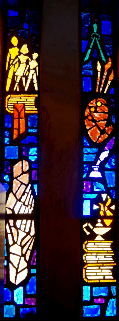 Left: XIII FAMILY AND BROTHERHOOD WINDOW Right: XIV ARTS AND EDUCATION WINDOW