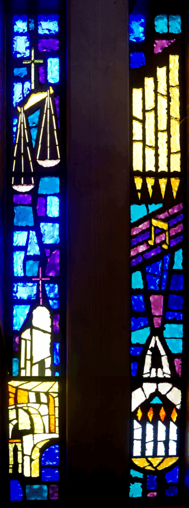 XV Left: THE MODERN CITY WINDOW; XVI Right: MUSIC AND WORSHIP WINDOW