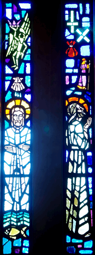 Left: III THE BAPTISM WINDOW; Right: VI CALLING OF DISCIPLES WINDOW
